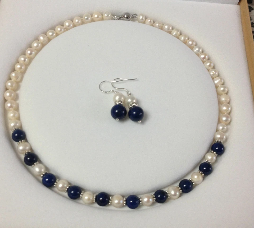 4Colors Natural White Akoya Cultured Pearl/Gemstones Beads Necklace Earrings Set - Image 3 of 4