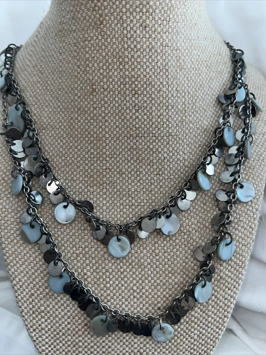 Baby Blue Shell discs silver tone discs and tow tiered strand