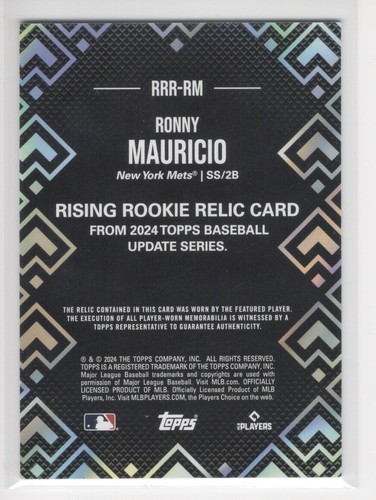 Ronny Mauricio 2024 Topps Update BLACK Rising Rookie Relic Card #RRR-JM #/199 RC - Imagen 2 de 2