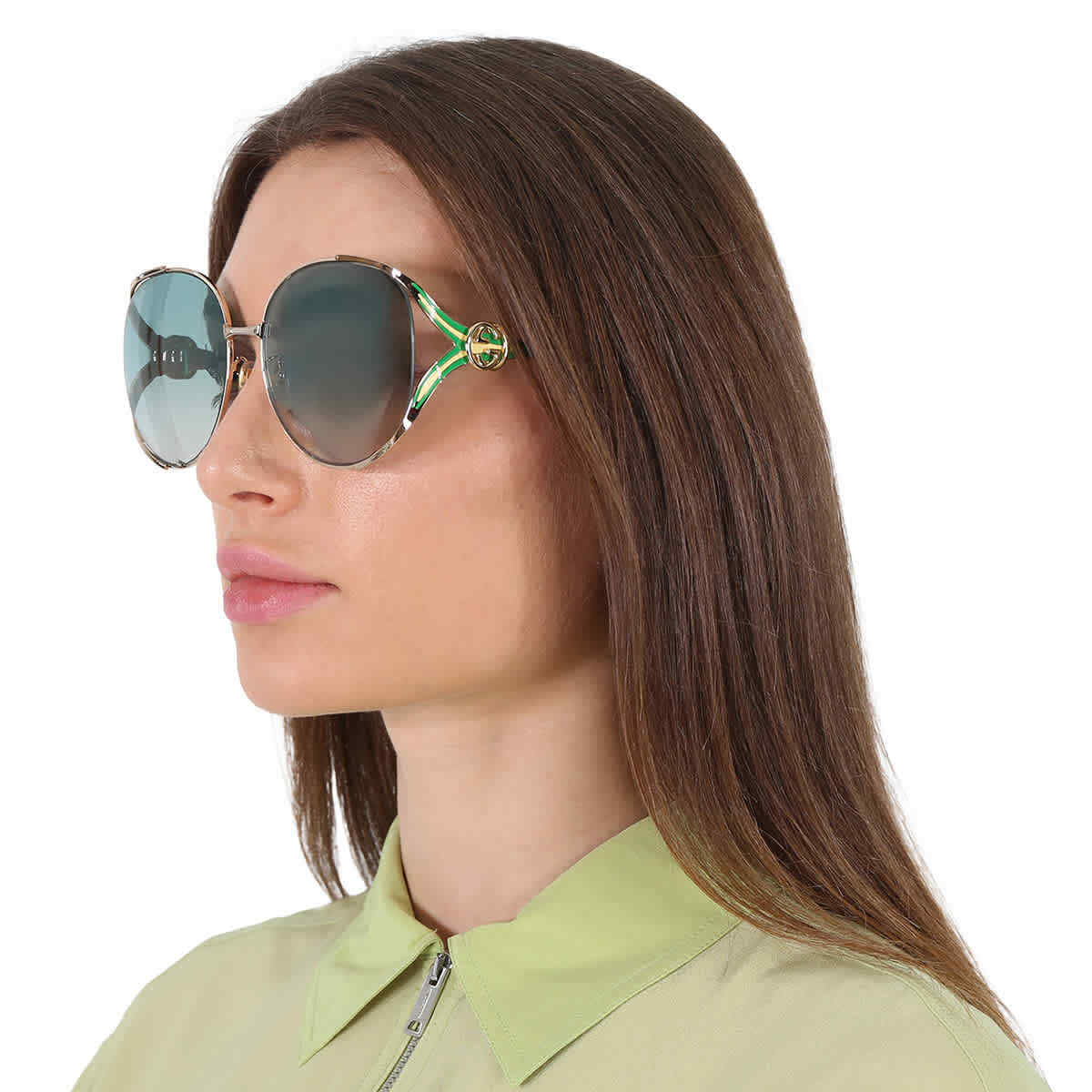 Gucci GG0225S 006 Gold/Green Gradient Round Women's Sunglasses for sale