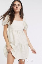 Mango linen tiered smock dress in beige size 6