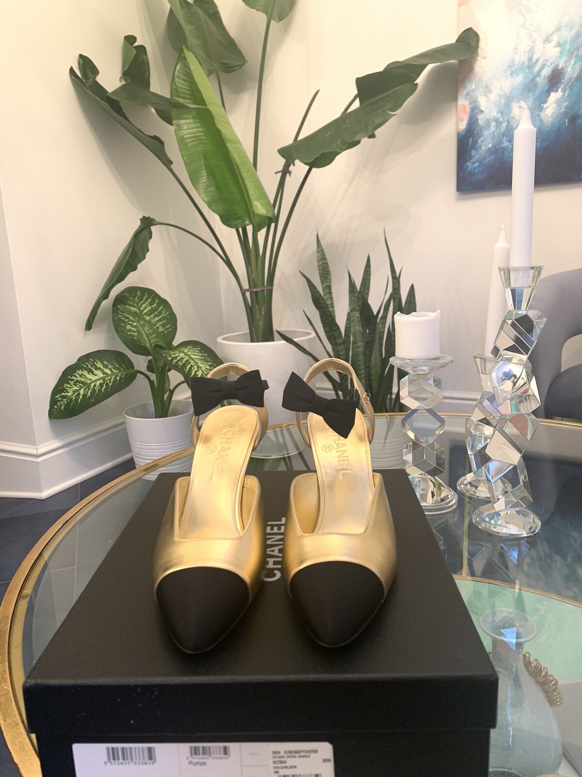 20A CHANEL LOGO Open Pumps Heels with Bow Black/Gold Size 38 New thumbnail 3