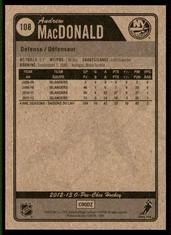 2012-13 O-Pee-Chee Andrew MacDonald New York Islanders #108 - Image 2 of 2