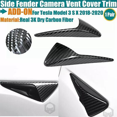 Real Carbon Fiber Side Fender Camera Vent Cover Trim For Tesla Model 3 S X 18-20