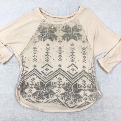 American Eagle Shirt Women Small Nordic Winter Print White Ribbed Gold Glitter