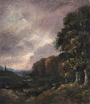 Antikes Aquarell Gemälde - Abendbäume in Landschaft - 19. Jahrhundert - Bild 1 von 4