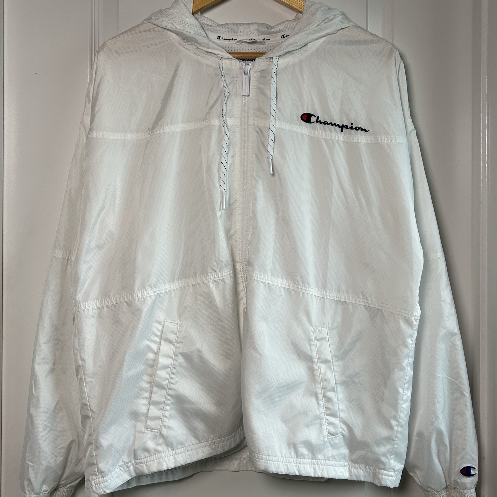 Champion Authentic Athleticwear White Rainbow Logo Hooded Windbreaker Jacket