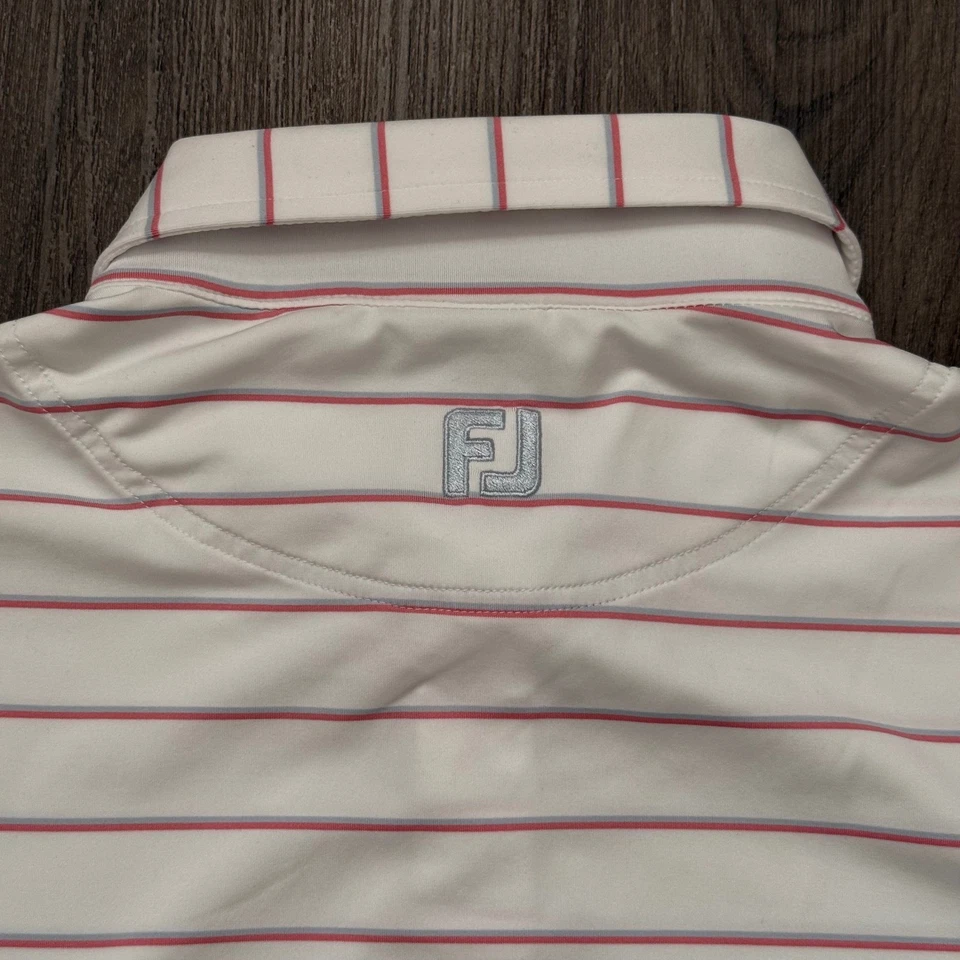 Camisa polo de golf FootJoy FJ para hombre blanca rosa a rayas manga corta talla M Foto 3 de 4