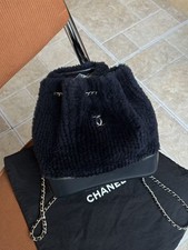 Auth Chanel Shearling Bucket Bag Navy Blue Drawstring Chain Crossbody Shoulder