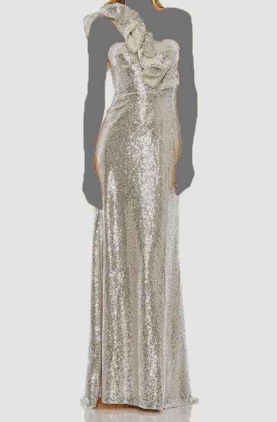 mac duggal silver sequin dress Silver Sleeveless Sequin Dress With Gold Floral Detail
