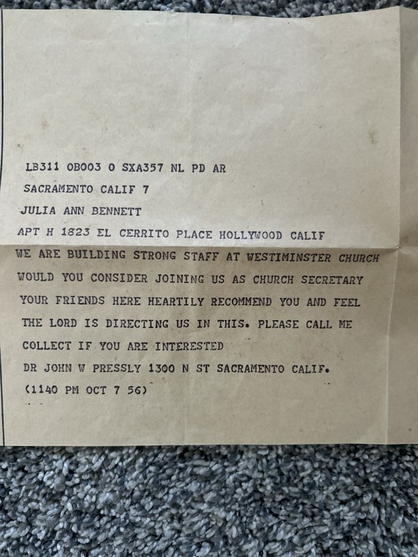 Vintage WestiMinister Telegram Telegragh  John Pressly Sacramento 