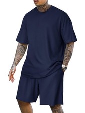 Mens Casual 2 Piece Outfits-Short Sleeve Athletic Set Oversize T-Shirts Draws...