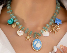 CHARM NECKLACE- Handmade Sea Glass Beaded with Beachy Style Sealife