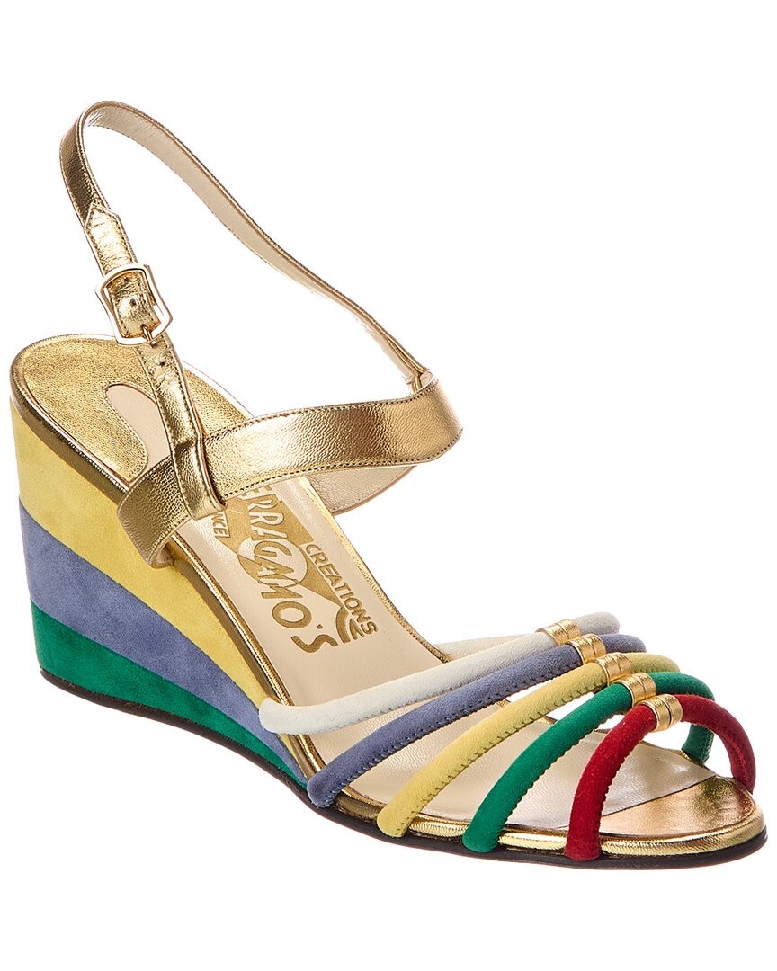 Ferragamo Laila Leather - Suede Wedge Sandal Womens Gold 6 78090₽