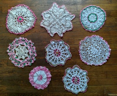 Lot of 8 Vintage Hand Crochet Pink White Doilies Lace Floral Boho Craft Coasters