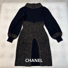 CHANEL Dress Size 38 Black Gold Elegant Dolman Sleeve Excellent Condition