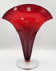 Vtg Blenko Glass 872 Ruby Fan Vase w/Crystal base signed by Richard Blenko 95