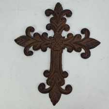 Cast Iron Wall Hang Cross Ornate Fleur De Lis Painted Rustic Brown Art Decor 10"