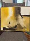 Read Signed Abstract Yellow Brown Acrylic Painting on Canvas, Framed, Original