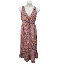 Madewell Lace-Up Ruffle Hem Midi Dress Womens 6 Pink Floral Tassel Boho Prairie