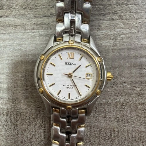 Vtg Seiko Watch Women 27mm Silver Gold Two Tone Date 7N82-0599 Needs Battery