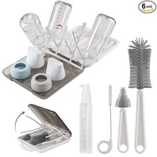 Baby Bottle Brush 6 in 1 Set Silicone Drying Rack Travel Case