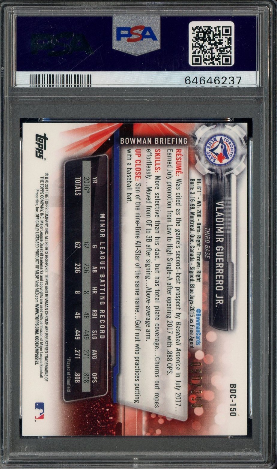 2017 Bowman Chrome Sky Blue Refractor Vladimir Guerrero Jr RC Rookie /399 PSA 10 view 2
