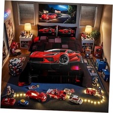 Racing Car Comforter Set Red Sports Car Bedding Set for Boys Full Red Black