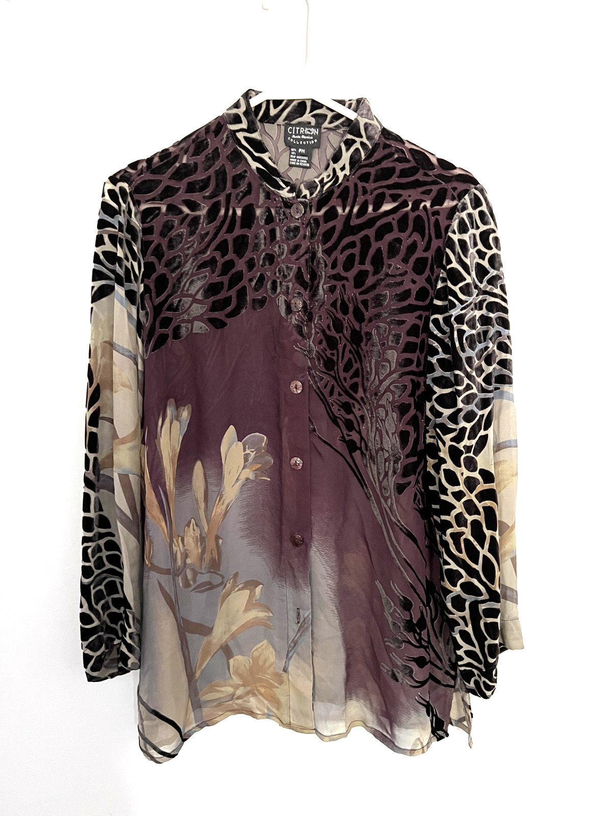 Citron Santa Monica Shirt Womens PM Purple Sheer Burnout Velvet Silk Floral