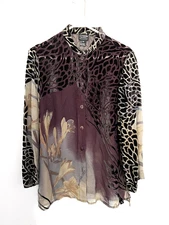 Citron Santa Monica Shirt Womens PM Purple Sheer Burnout Velvet Silk Floral