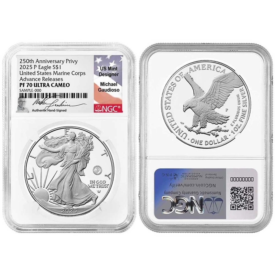 Preventa - Prueba 2025-P $1 American Silver Eagle Marine Corps Privy NGC PF70UC Foto 3 de 3