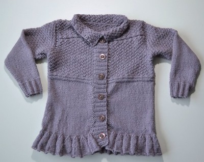 Handgestrickter Baby Mädchen Mantel Rüschen Lavendel Flieder Alpaka Seide 18-24 Monate