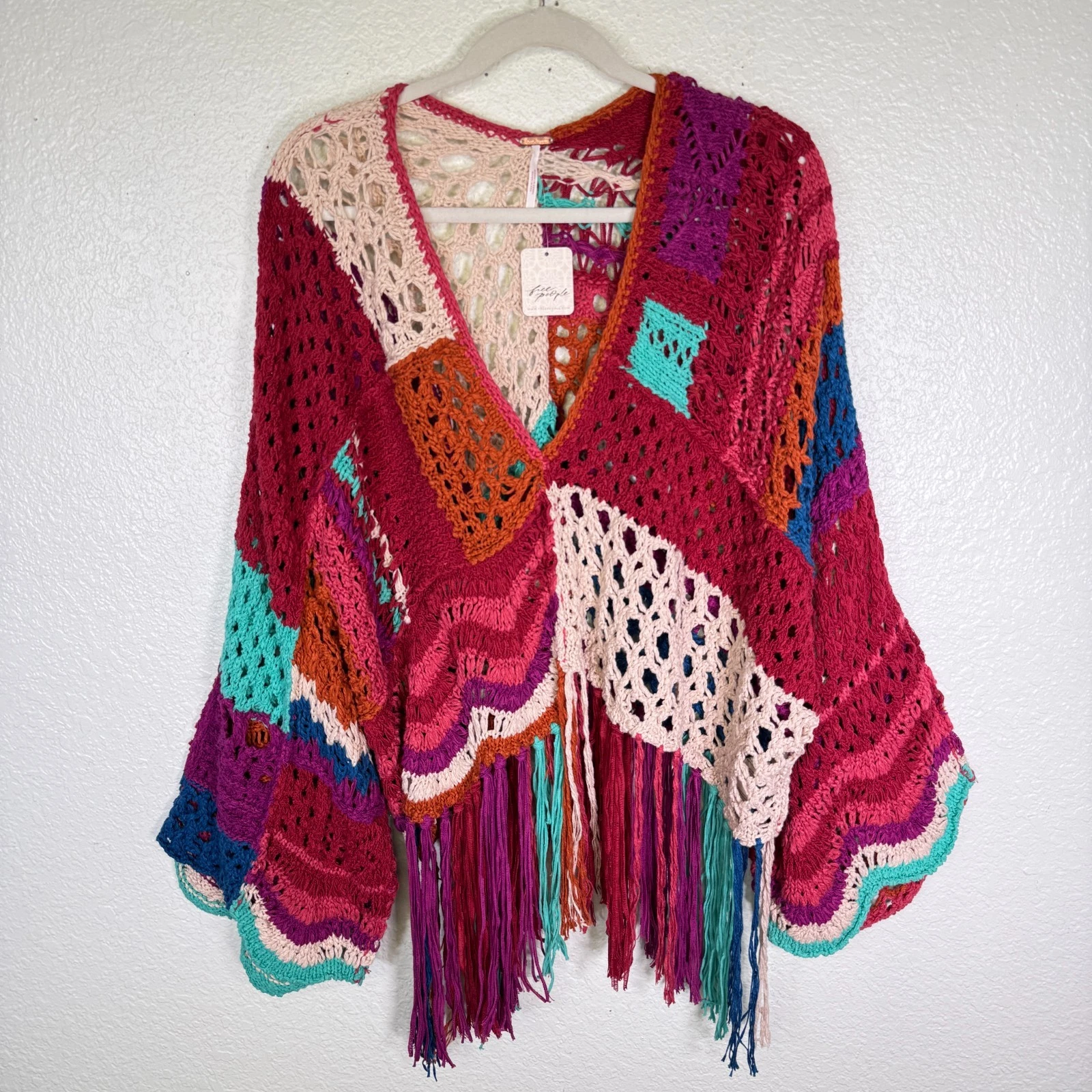 Free People Crochet Sweater Womens XS Fringe Poncho Boho Festival Coachella NEW