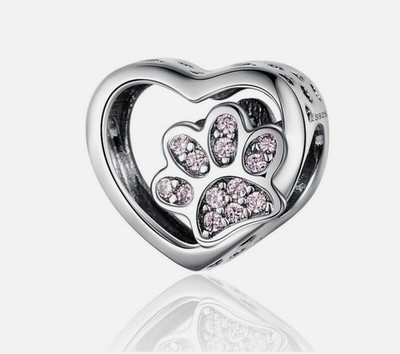  Pfotenabdruck Herz Charm Perle Rosa Tier Katze Hund Haustier Echt 925 Sterling Silber