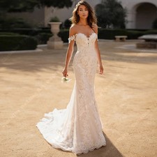 Sexy Mermaid White Wedding Dresses Full Lace Applique Bride Gowns Floor Length