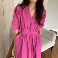 Women's Fashion Simple V-neck Solid Color White Double Pockets Tied Waist Dress