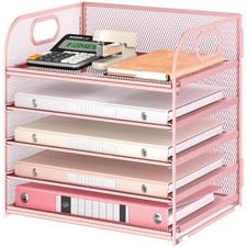 5 Tray Paper Organizer Letter Tray with Handle - Mesh Desk File Organizer, Pa...