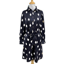 Ann Taylor Dress Womens 4P Petite Navy Geo Collared Belted Button Up Shirtdress