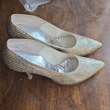 De Liso Debs 1960s Gold Glitter Art Deco Heels Style 32704 Party Shoes Size 7.5
