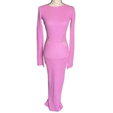 Feners Mitjatarda Pink Waffle Knit Open Back Maxi Dress Long Sleeve Small NWT