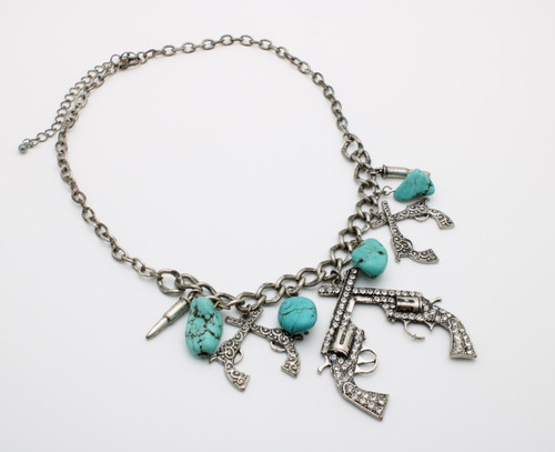 Vintage Southwestern Cowgirl Pistol Rhinestone Turquoise Statement Necklace