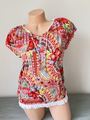 Western Boho Top Womens SP Petite Small S Floral Tie V Indie Tropical Fringe