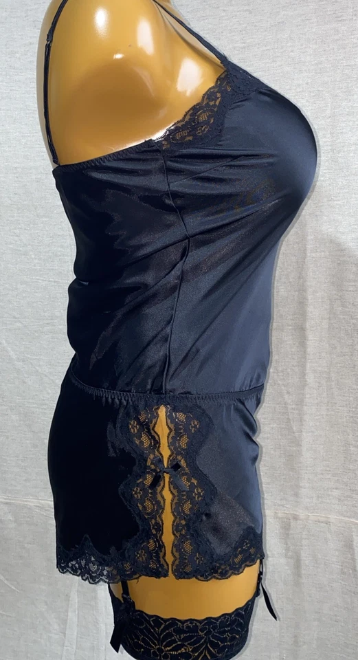 La SENZA Teddy/Playsuit, Black Slippery Glossy Liquid Satin & Lace, UK 14 - Image 3 of 4