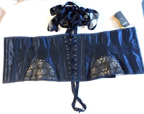 BLUE FLORAL 10" CORSET STORY RIBBON LACEUP WAIST BONED POLY / COTTON SZ UK14 NWT