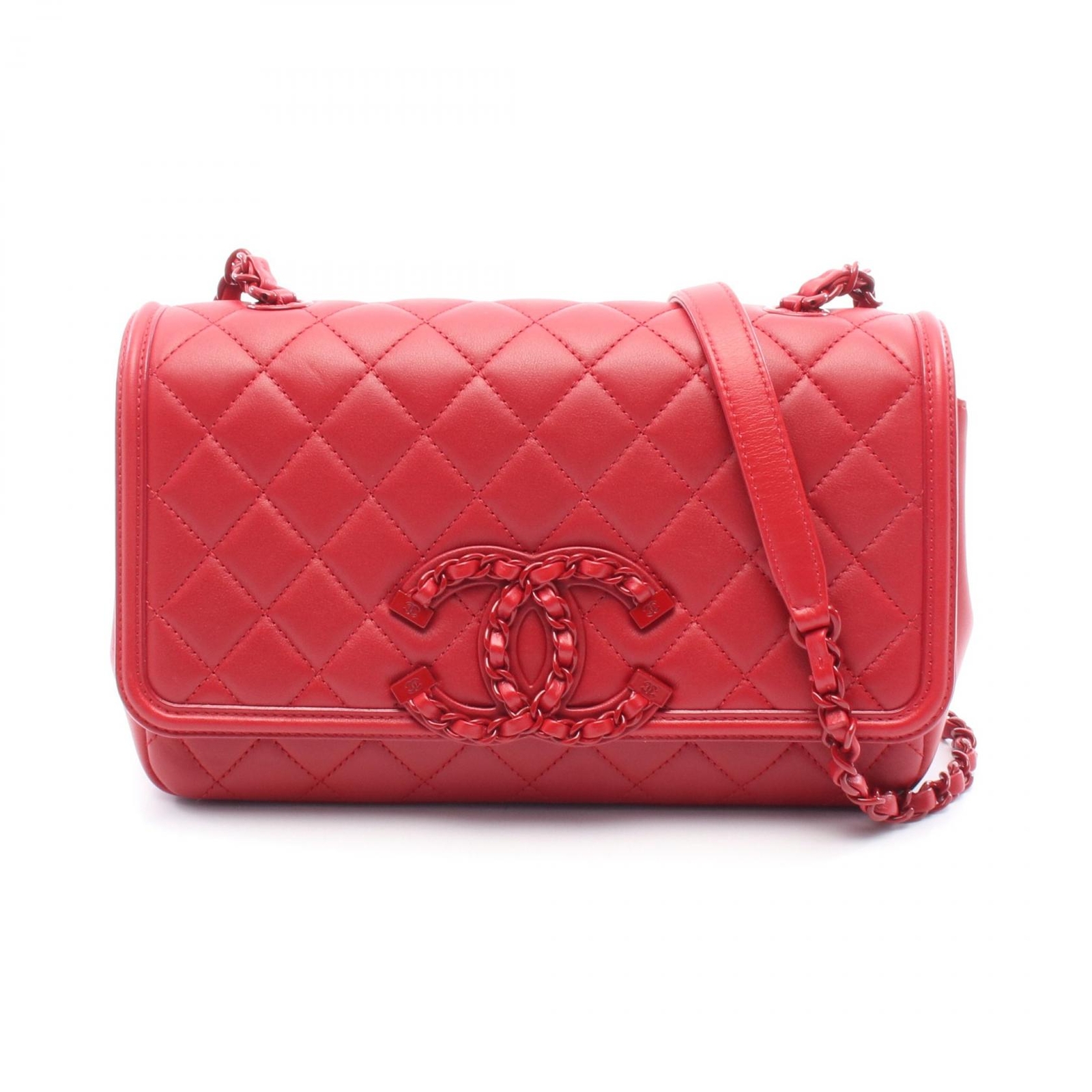 CHANEL CC Filigree Matelasse Chain Crossbody Bag in Red Leather Preowned COCO