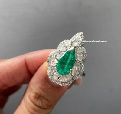 Art Deco 2.58CT Pear Shape Moissanite Wedding Ring Emerald 14k White Gold FN