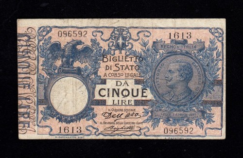 F.C. ITALIA ITALY , 5 LIRAS 19.10.1904 , B/C+ ( FINE+ ) , SUCIO , P.23a . - Picture 1 of 2