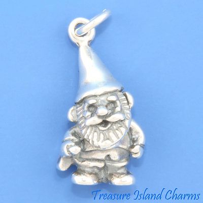 Garden Gnome with Shovel 3D 925 Solid Sterling Silver Charm Pendant Dwarf