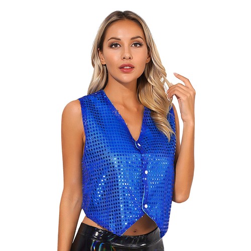 Women's Shiny Sequin Vest Stylish Waistcoat Sleeveless Party Dance Costume - Picture 14 of 51