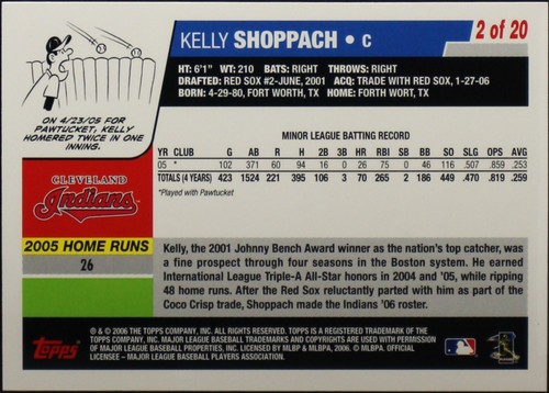 2006 Topps Factory Set Rookie Bonus #2 of 20 Kelly Shoppach Cleveland Indians - Picture 2 of 2